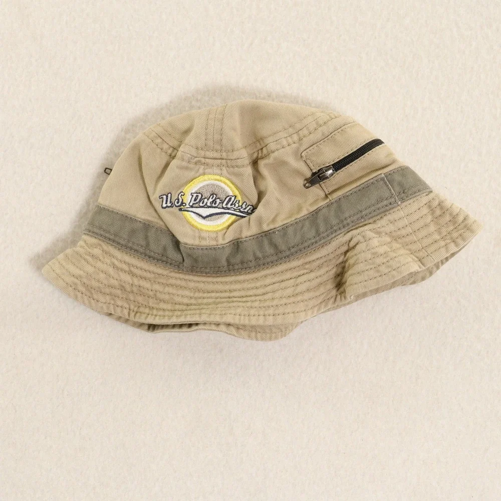 U.S.‎ Polo Assn. Bucket Hat Zipper Pocket Embroidered Tan Cotton Kids 49cm